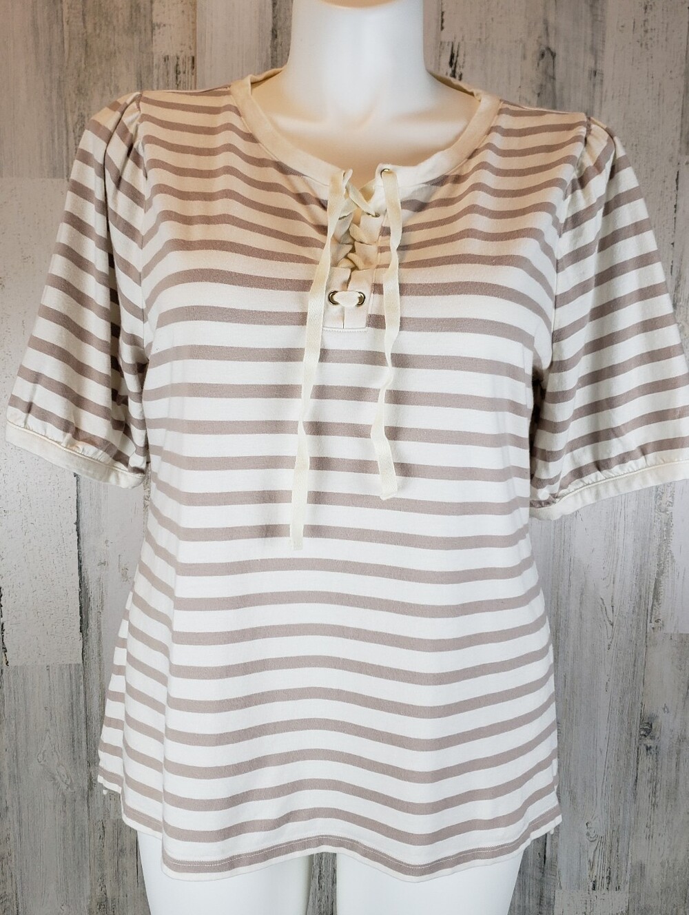 Talbots Cream and Taupe Striped Lace-Up Short Sleeve Top Size XL